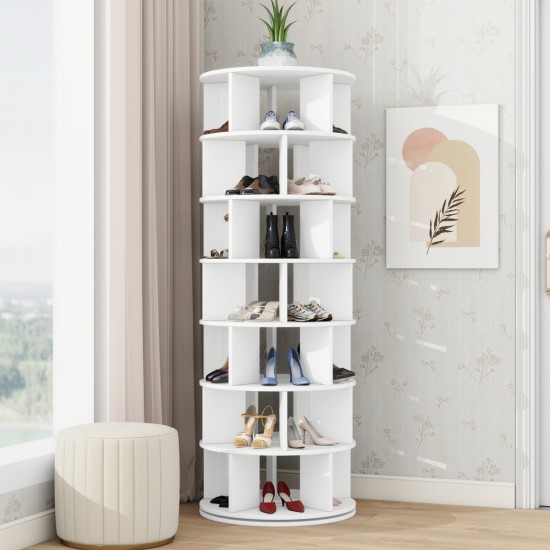 ON-TREND Φ23.6'' Rotating Shoe Rack Tower, 7-Tier Spinning Shoe Shelf with 5 Grids Per Layer, Display Rack, 360° Revolving Shoe Carousel Closet Organizer for Entryway, Living Room, White