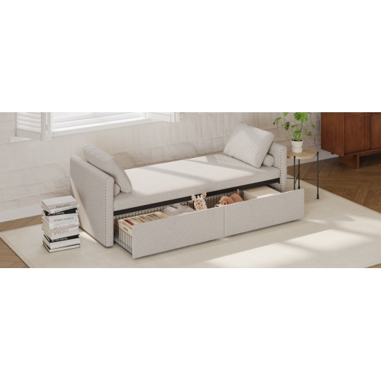 Modern Upholstered Chaise Lounger Daybed Small Single Daybed with 2 Drawers, No Mattress Needed, Perfect For Living Rooms & Home Office, Linen Fabric, Beige