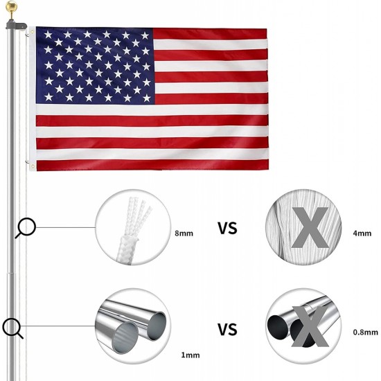 20FT American Flag Pole, gold ball ornament, 4 stainless steel clips, 45ft polypropylene halyard, PVC sleeve