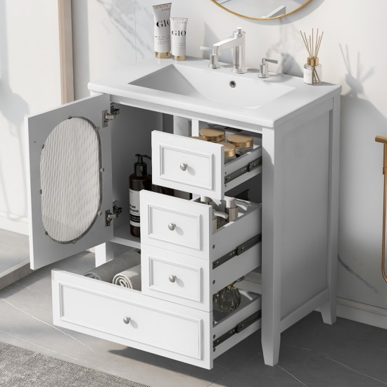 30 Inch Bathroom Vanity with Sink, Bathroom Vanity Cabinet with Three Drawers and Door, Solid Wood and MDF, White