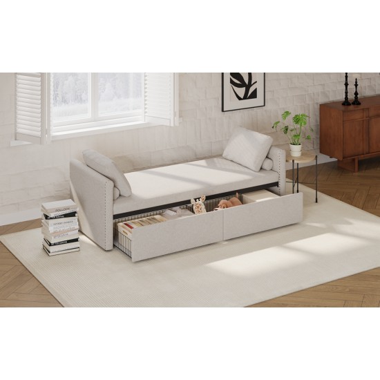 Modern Upholstered Chaise Lounger Daybed Small Single Daybed with 2 Drawers, No Mattress Needed, Perfect For Living Rooms & Home Office, Linen Fabric, Beige