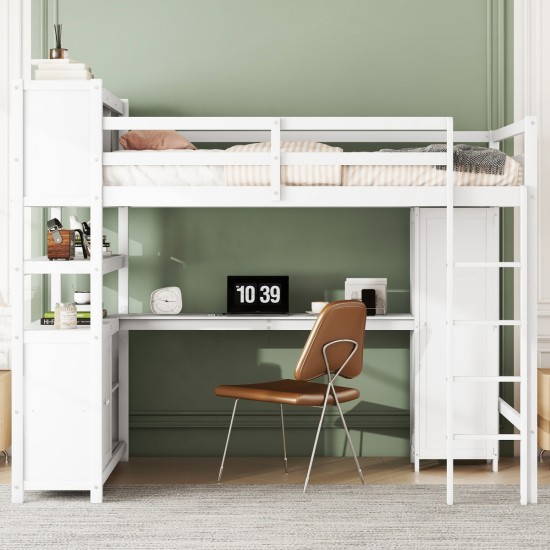 Wood Loft Bed with Cabinet and Bookshelf, Full Size Loft with Wardrobe and Desk for Kids,White (Expect Arrival Date 2024/8/25)