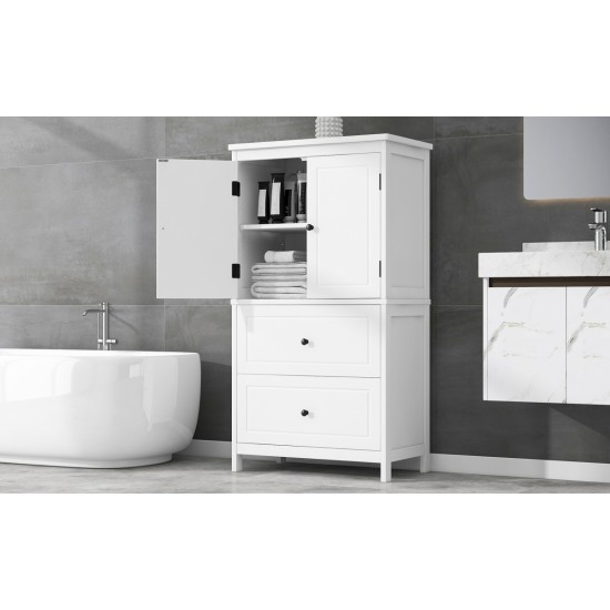 Bathroom Storage Cabinet, Cabinet with Two Doors and Drawers, Adjustable Shelf, MDF Board, White