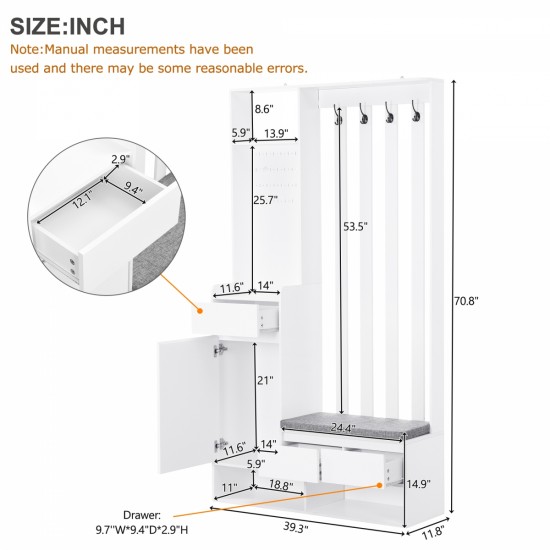 ON-TREND Contemporary 39.3''Wx70.8''H Hall Tree  Storage with Cushioned Storage Bench, Multifunctional Hallway Shoe Cabinet with Pegboard, Modern Coat Rack with 4 Hooks for Entryway, Mudroom, White