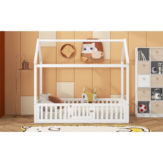 Twin Size Wood House Bed with Fence and Door, White(Old SKU: WF303131AAK)