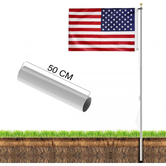 20FT American Flag Pole, gold ball ornament, 4 stainless steel clips, 45ft polypropylene halyard, PVC sleeve