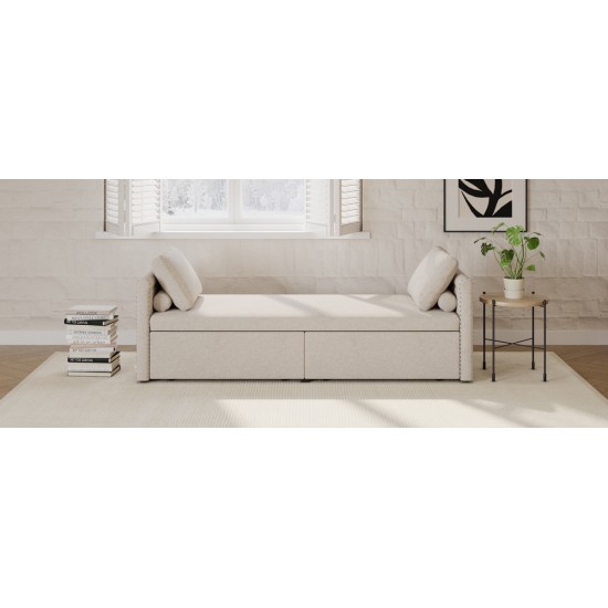 Modern Upholstered Chaise Lounger Daybed Small Single Daybed with 2 Drawers, No Mattress Needed, Perfect For Living Rooms & Home Office, Linen Fabric, Beige