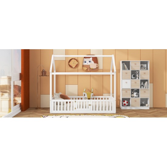 Twin Size Wood House Bed with Fence and Door, White(Old SKU: WF303131AAK)