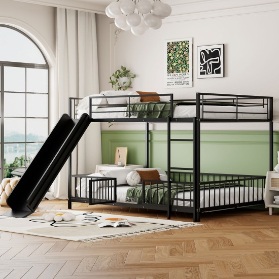 Full over Full Size Metal Bunk Bed with Slide and Guardrails, Black