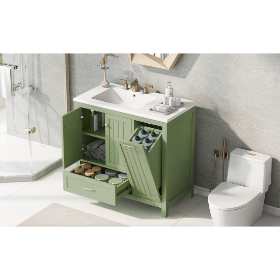 36 Bathroom Vanity with Sink, One Cabinet with Two doors and One Big Drawer and One Flip Drawer, Solid Wood and MDF Board, Green