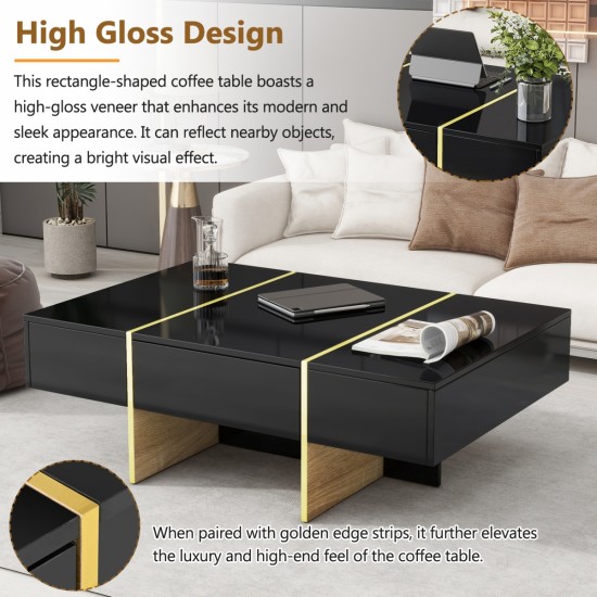 ON-TREND 47.2'' x 31.4''Minimalist High Gloss Coffee Table with 2 Drawers, Multi-Storage Rectangle Sofa Table with Golden Wood Grain Legs, Modern Center Table for Living Room, Black