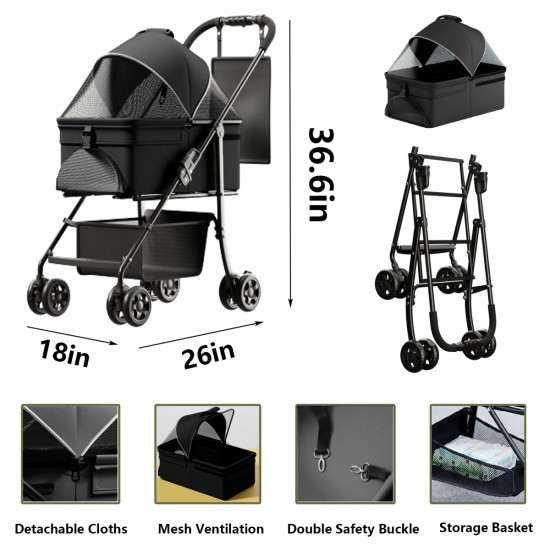 2 in 1 Folding Dog Stroller, Pet Folding Stroller, 4 Wheels Dog/Cat Puppy Stroller w/Removable Travel Carrier for Small/Medium Pet, Waterproof Pad, Car Seat, Sun Shade