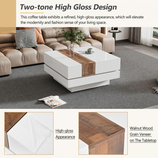 ON-TREND 31.4'' x 31.4'' Square Coffee Table with Sliding Tabletop, High Gloss Center Table with Hidden Storage Compartment, Extendable Cocktail Table with Walnut  Grain Finish for Living Room, White