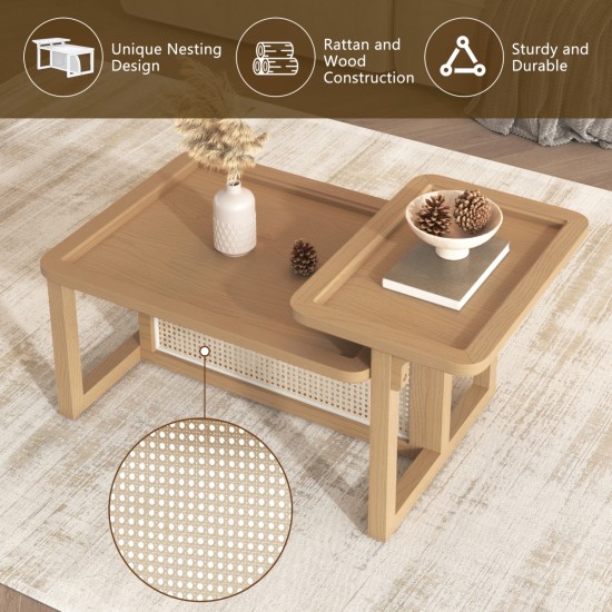 Modern 2 Piece Nesting Rattan Wood+ MDF Coffee Table Set in Natural