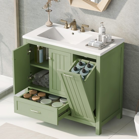 36 Bathroom Vanity with Sink, One Cabinet with Two doors and One Big Drawer and One Flip Drawer, Solid Wood and MDF Board, Green