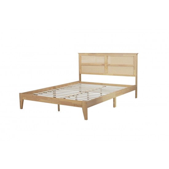 Queen Size Rubber Wooden, Solid Wooden Bed with Rattan Headboard, Enhanced by Support Feet