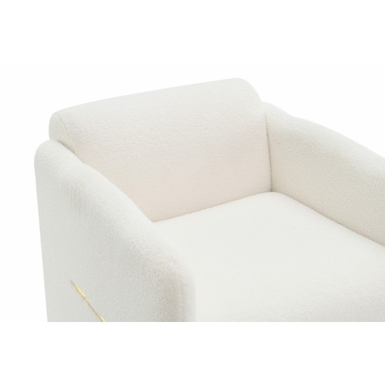 Arm Chair with waved arms, Metal decoration on both side arms, Accent chair for Primary Living Space, Living room, Bedroom,Teddy Fabric, White