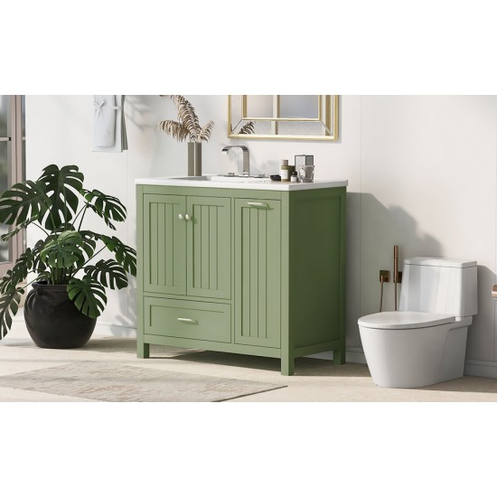 36 Bathroom Vanity with Sink, One Cabinet with Two doors and One Big Drawer and One Flip Drawer, Solid Wood and MDF Board, Green