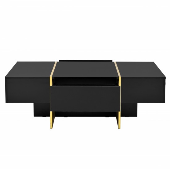 ON-TREND 47.2'' x 31.4''Minimalist High Gloss Coffee Table with 2 Drawers, Multi-Storage Rectangle Sofa Table with Golden Wood Grain Legs, Modern Center Table for Living Room, Black