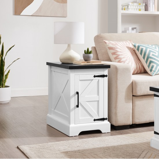 Farmhouse end table Nightstand Rectangular Farmhouse End Table with Barn Door and Adjustable Storage Shelf, Rustic Sofa Side Table for Living Room, Bedroom, White