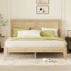 Queen Size Rubber Wooden, Solid Wooden Bed with Rattan Headboard, Enhanced by Support Feet