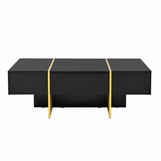 ON-TREND 47.2'' x 31.4''Minimalist High Gloss Coffee Table with 2 Drawers, Multi-Storage Rectangle Sofa Table with Golden Wood Grain Legs, Modern Center Table for Living Room, Black