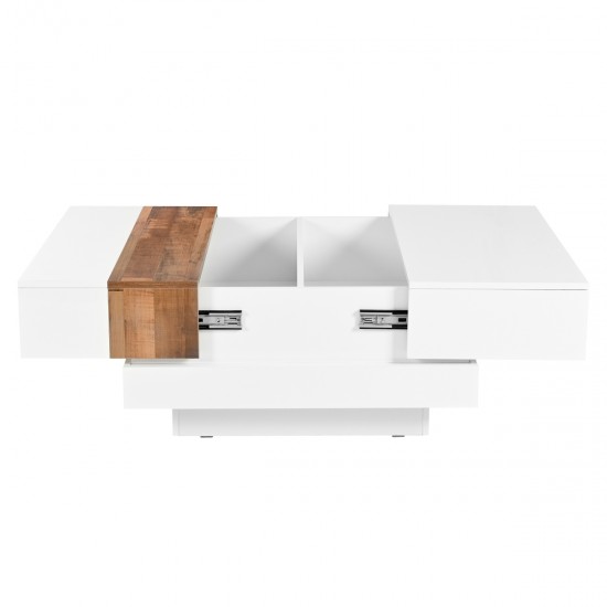 ON-TREND 31.4'' x 31.4'' Square Coffee Table with Sliding Tabletop, High Gloss Center Table with Hidden Storage Compartment, Extendable Cocktail Table with Walnut  Grain Finish for Living Room, White