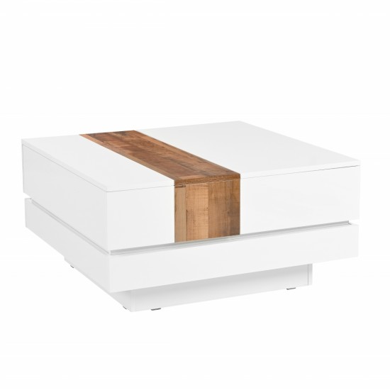 ON-TREND 31.4'' x 31.4'' Square Coffee Table with Sliding Tabletop, High Gloss Center Table with Hidden Storage Compartment, Extendable Cocktail Table with Walnut  Grain Finish for Living Room, White