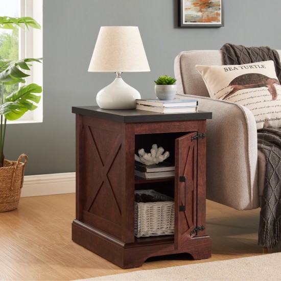 Farmhouse end table Nightstand Rectangular Farmhouse End Table with Barn Door and Adjustable Storage Shelf, Rustic Sofa Side Table for Living Room, Bedroom, OAK