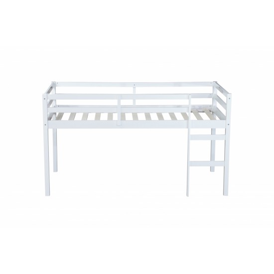 Solid Wooden, Rubber Wooden Twin Loft Bed with Ladder, Bed Platform of Strengthened Slats , White