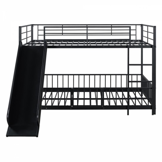 Full over Full Size Metal Bunk Bed with Slide and Guardrails, Black