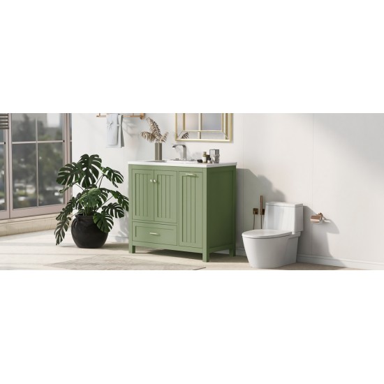 36 Bathroom Vanity with Sink, One Cabinet with Two doors and One Big Drawer and One Flip Drawer, Solid Wood and MDF Board, Green