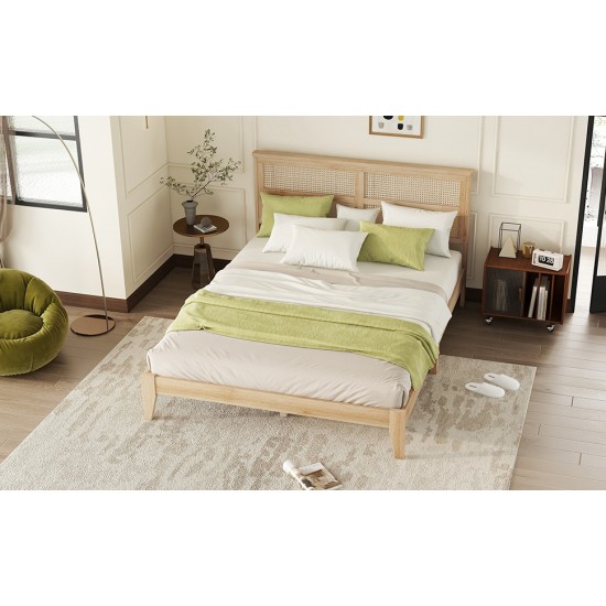 Queen Size Rubber Wooden, Solid Wooden Bed with Rattan Headboard, Enhanced by Support Feet