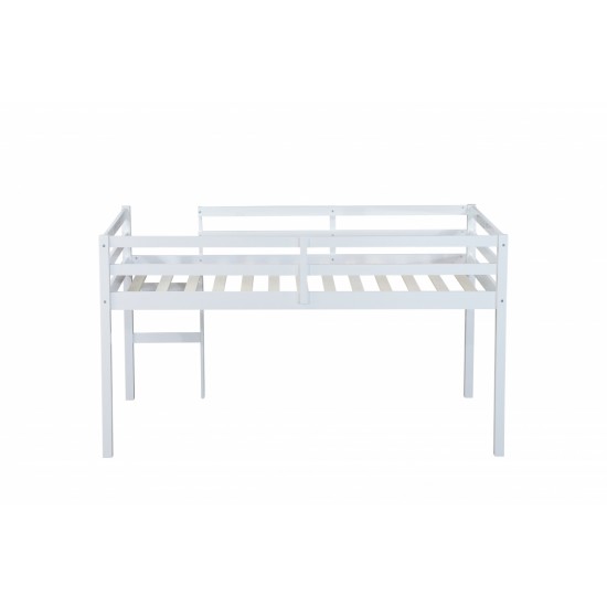 Solid Wooden, Rubber Wooden Twin Loft Bed with Ladder, Bed Platform of Strengthened Slats , White