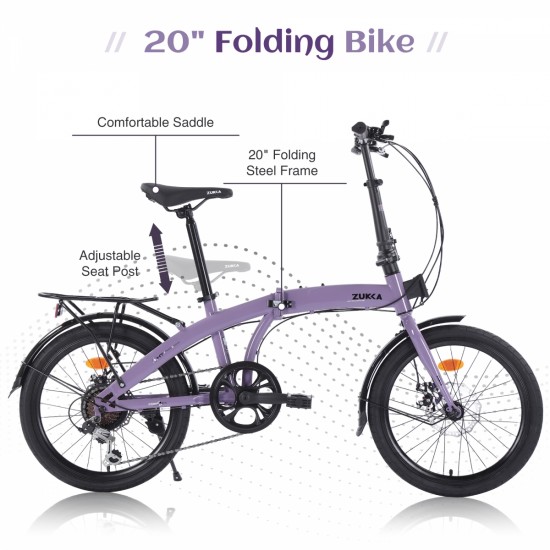 Purple 20 inch kids Folding Bike Steel Frame 7 Speed  City Bike