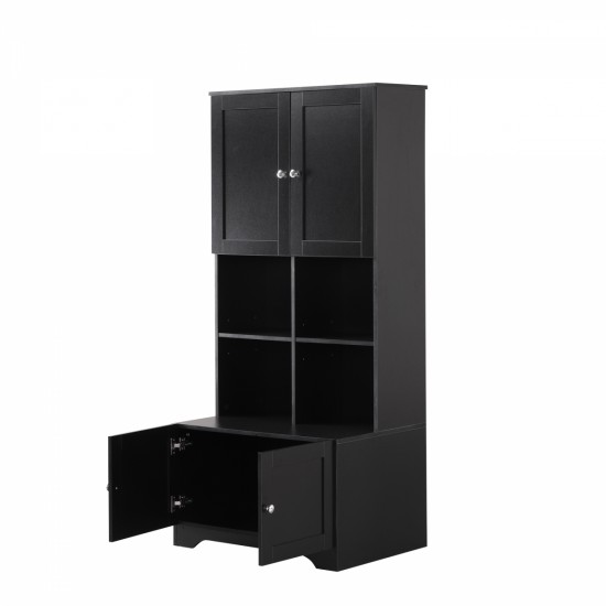 Tall and Wide Bathroom Floor Storage Cabinet, Bathroom Storage Unit, Freestanding Cabinet with 4 Doors, Adjustable Shelves, Open multi-layer Shelves, Black