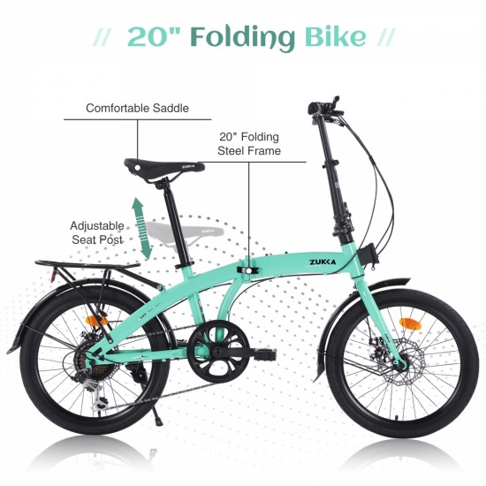 Green 20 inch Folding Bike Steel Frame 7 Speed City Bike