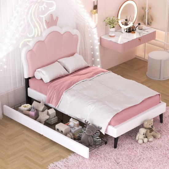 Twin Size Upholstered Princess Bed With Crown Headboard and 2 Drawers,Twin  Size Platform Bed with Headboard and Footboard, Pink+White