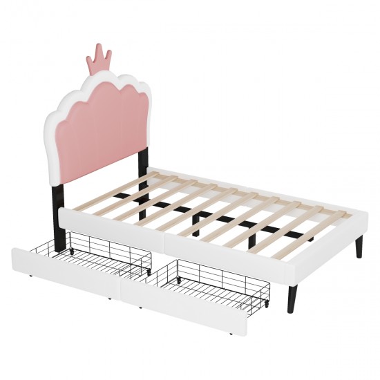 Twin Size Upholstered Princess Bed With Crown Headboard and 2 Drawers,Twin  Size Platform Bed with Headboard and Footboard, Pink+White