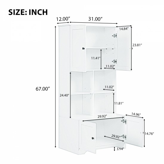 Tall and Wide Bathroom Floor Storage Cabinet, Bathroom Storage Unit, Freestanding Cabinet with 4 Doors, Adjustable Shelves, Open multi-layer Shelves, White