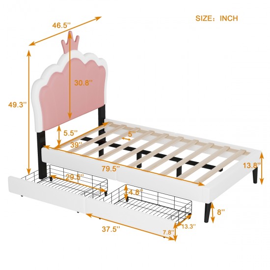 Twin Size Upholstered Princess Bed With Crown Headboard and 2 Drawers,Twin  Size Platform Bed with Headboard and Footboard, Pink+White