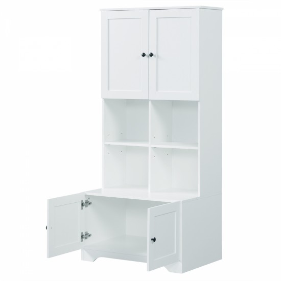 Tall and Wide Bathroom Floor Storage Cabinet, Bathroom Storage Unit, Freestanding Cabinet with 4 Doors, Adjustable Shelves, Open multi-layer Shelves, White