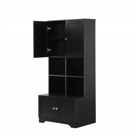 Tall and Wide Bathroom Floor Storage Cabinet, Bathroom Storage Unit, Freestanding Cabinet with 4 Doors, Adjustable Shelves, Open multi-layer Shelves, Black