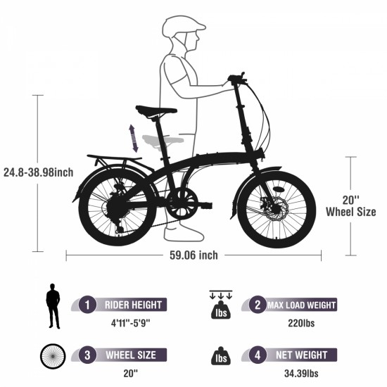 Purple 20 inch kids Folding Bike Steel Frame 7 Speed  City Bike