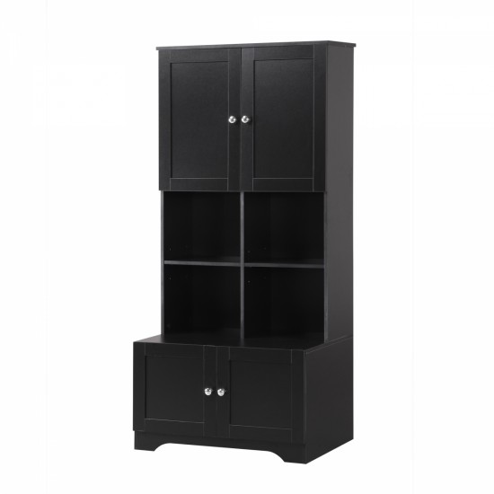 Tall and Wide Bathroom Floor Storage Cabinet, Bathroom Storage Unit, Freestanding Cabinet with 4 Doors, Adjustable Shelves, Open multi-layer Shelves, Black