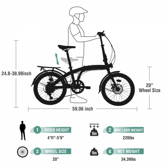 Green 20 inch Folding Bike Steel Frame 7 Speed City Bike