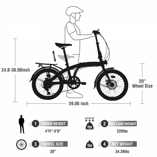 White 20 inch Kids Folding Bike Steel Frame 7 Speed  City Bike