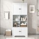 Tall and Wide Bathroom Floor Storage Cabinet, Bathroom Storage Unit, Freestanding Cabinet with 4 Doors, Adjustable Shelves, Open multi-layer Shelves, White