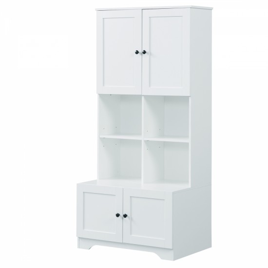 Tall and Wide Bathroom Floor Storage Cabinet, Bathroom Storage Unit, Freestanding Cabinet with 4 Doors, Adjustable Shelves, Open multi-layer Shelves, White