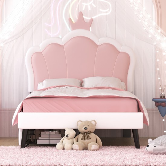 Twin Size Upholstered Princess Bed With Crown Headboard and 2 Drawers,Twin  Size Platform Bed with Headboard and Footboard, Pink+White